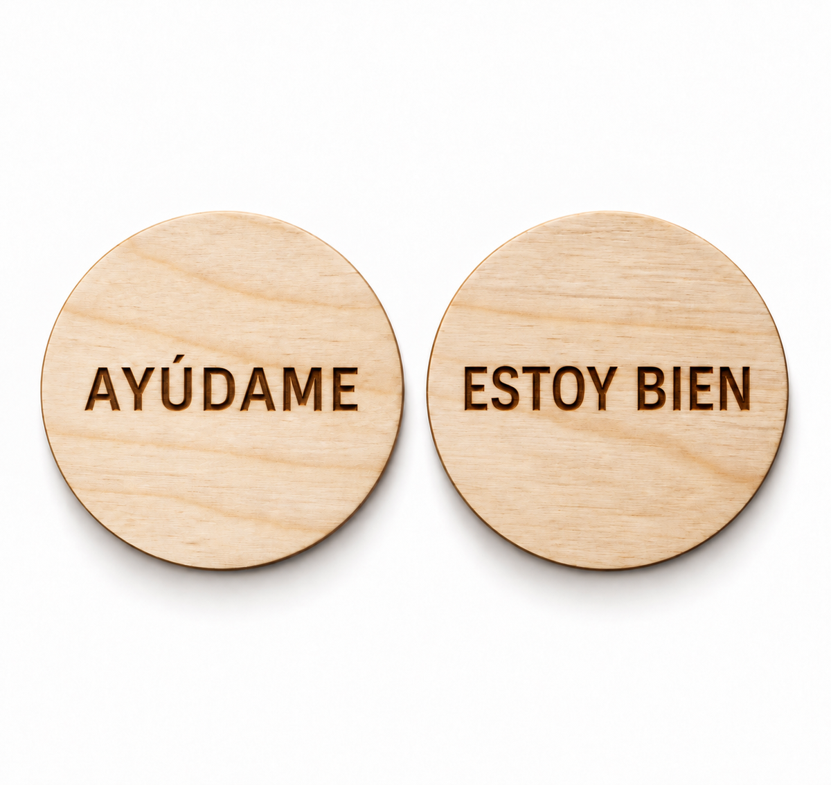 Round Wooden Reversible Spanish-Speaking Consent Chip – Ayúdame / Estoy Bien