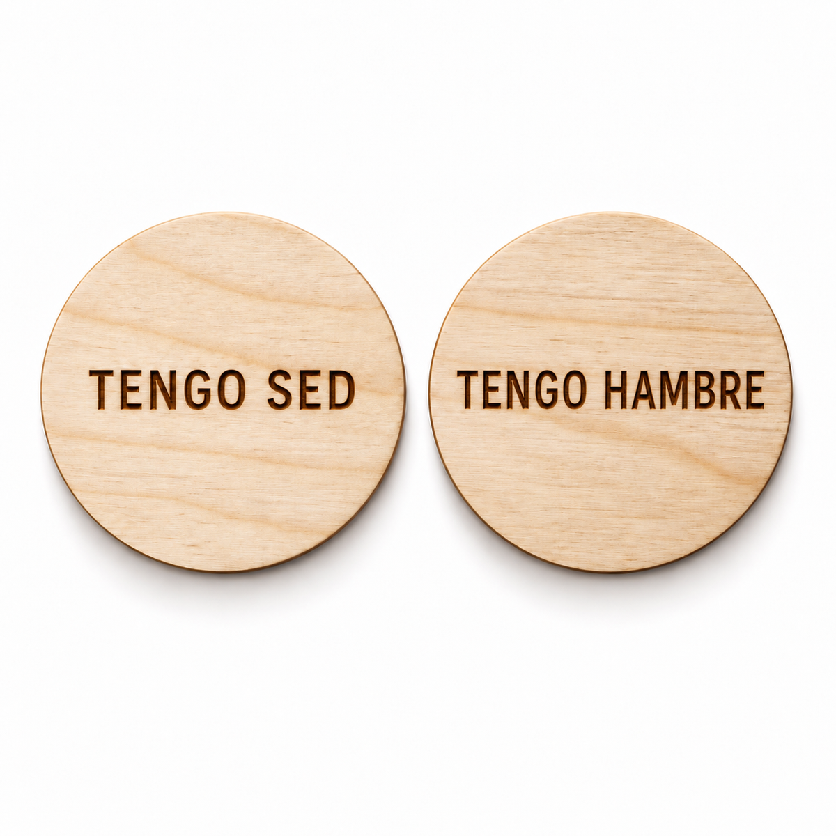 Round Wooden Reversible Spanish-Speaking Consent Chip – Tengo Hambre / Tengo Sed